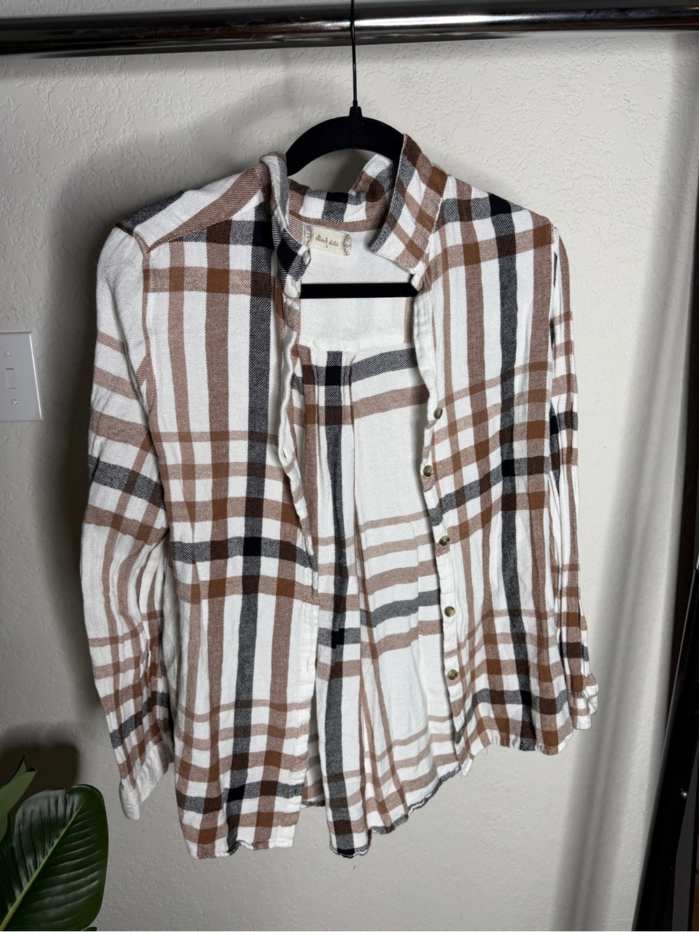 Altar'd State White Brown Black Plaid Button-Up Sweater